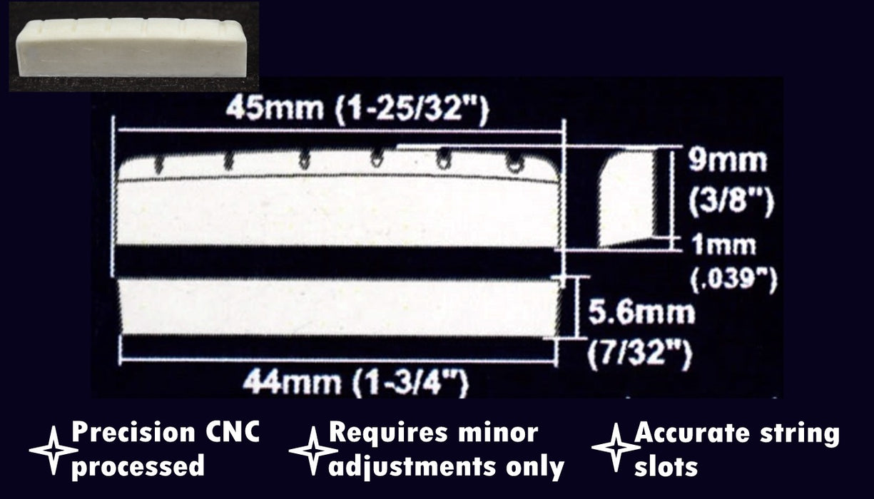 Shaped and Slotted Bleached Bone Nut for Martin style Acoustic Guitars