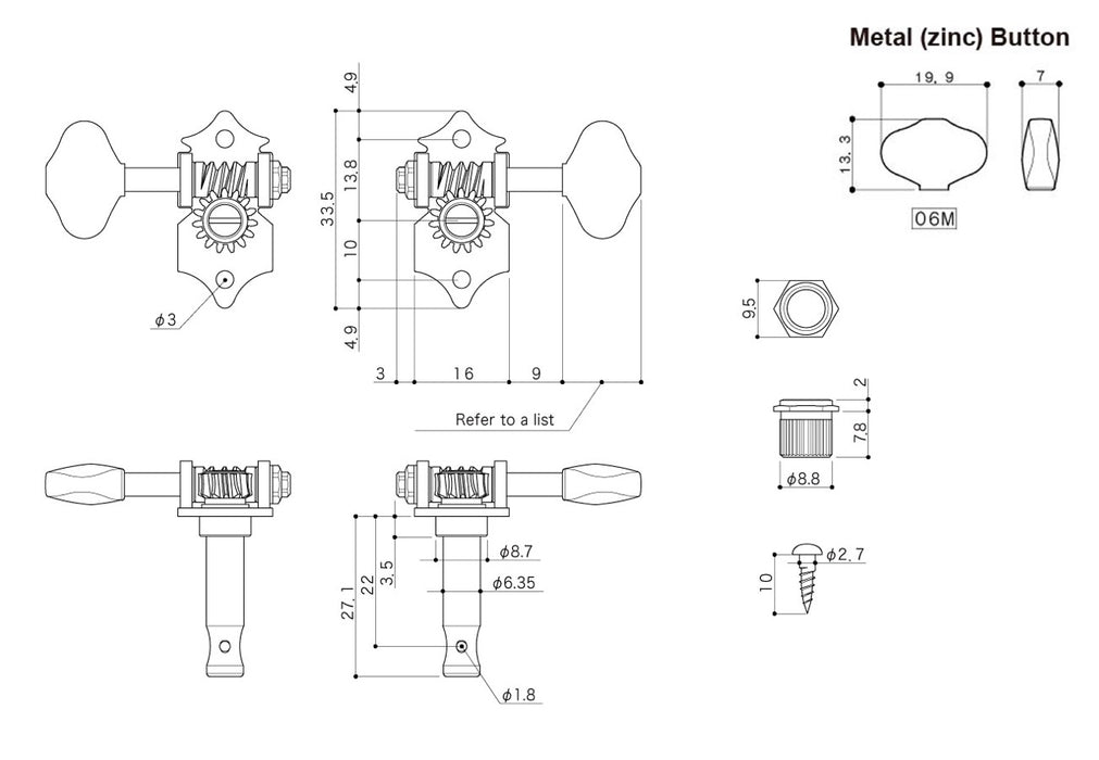 Gotoh SXB510-B-06M Tuner set for Electric and Acoustic Guitar (3L + 3R)