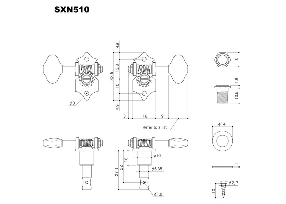 Gotoh SXN510-B-SLB Tuner set for Electric and Acoustic Guitar (3L + 3R)